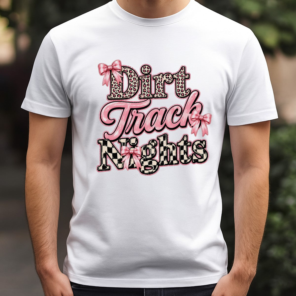 DTF Heat Transfer Dirt Track Nights Leopard and Checkered Bow Graphic for T Shirts Hoodies and Racing Apparel - 3