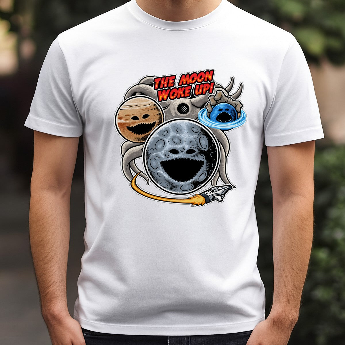 Funny Graphic Transfer The Moon Woke Up Cartoon Planets and Spaceship Design for T Shirts Hoodies and Tote Bags - 3