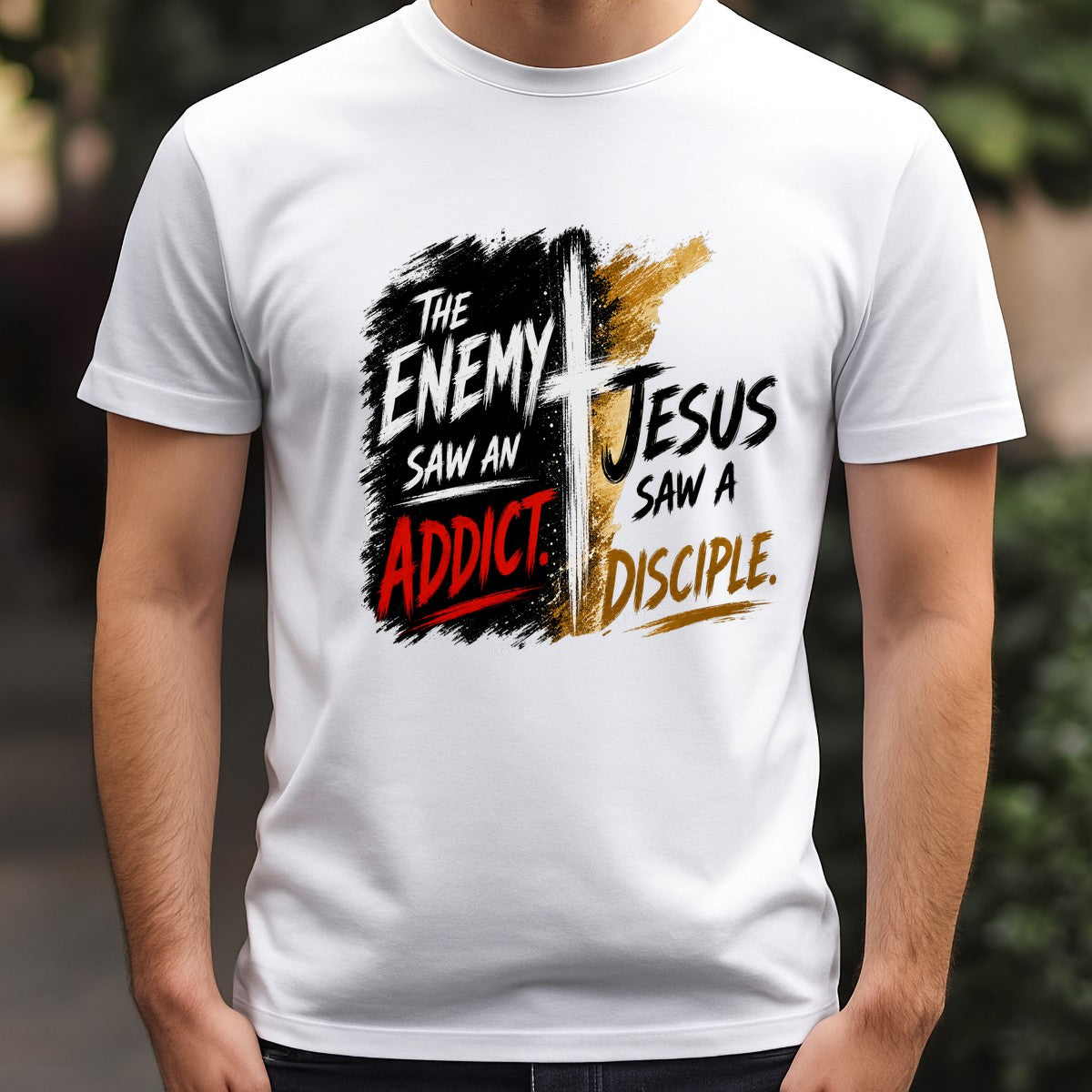 Christian Heat Transfer The Enemy Saw An Addict Jesus Saw A Disciple Cross Graphic for T Shirts Hoodies and Tote Bags - 3