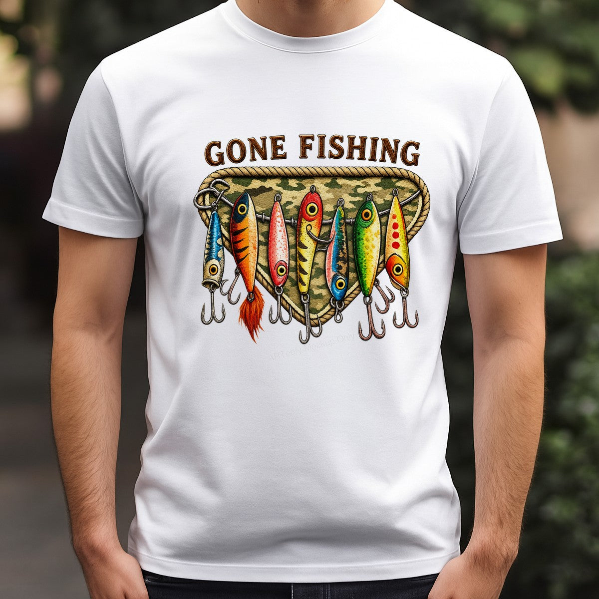 DTF Transfer Gone Fishing Lures Camouflage Triangle Graphic for T Shirts Hoodies and Fishing Gifts - 3