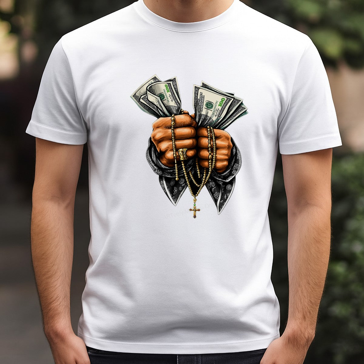 DTF Heat Transfer Praying Hands with Cash and Gold Cross Bandana Art Graphic for T Shirts Hoodies and Streetwear Apparel - 3