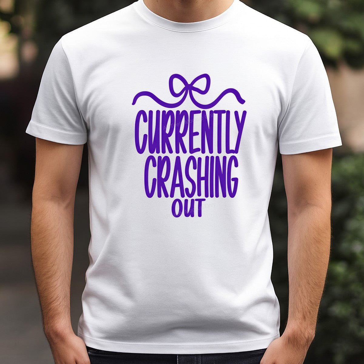 Funny Graphic Transfer “Currently Crashing Out” Bow Lettering Design for T Shirts Hoodies and Pajamas - 3