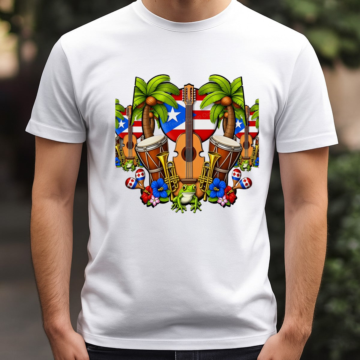 DTF Heat Transfer Puerto Rico Flag Guitar and Drum Tropical Frog Graphic for T Shirts Hoodies and Tote Bags - 3