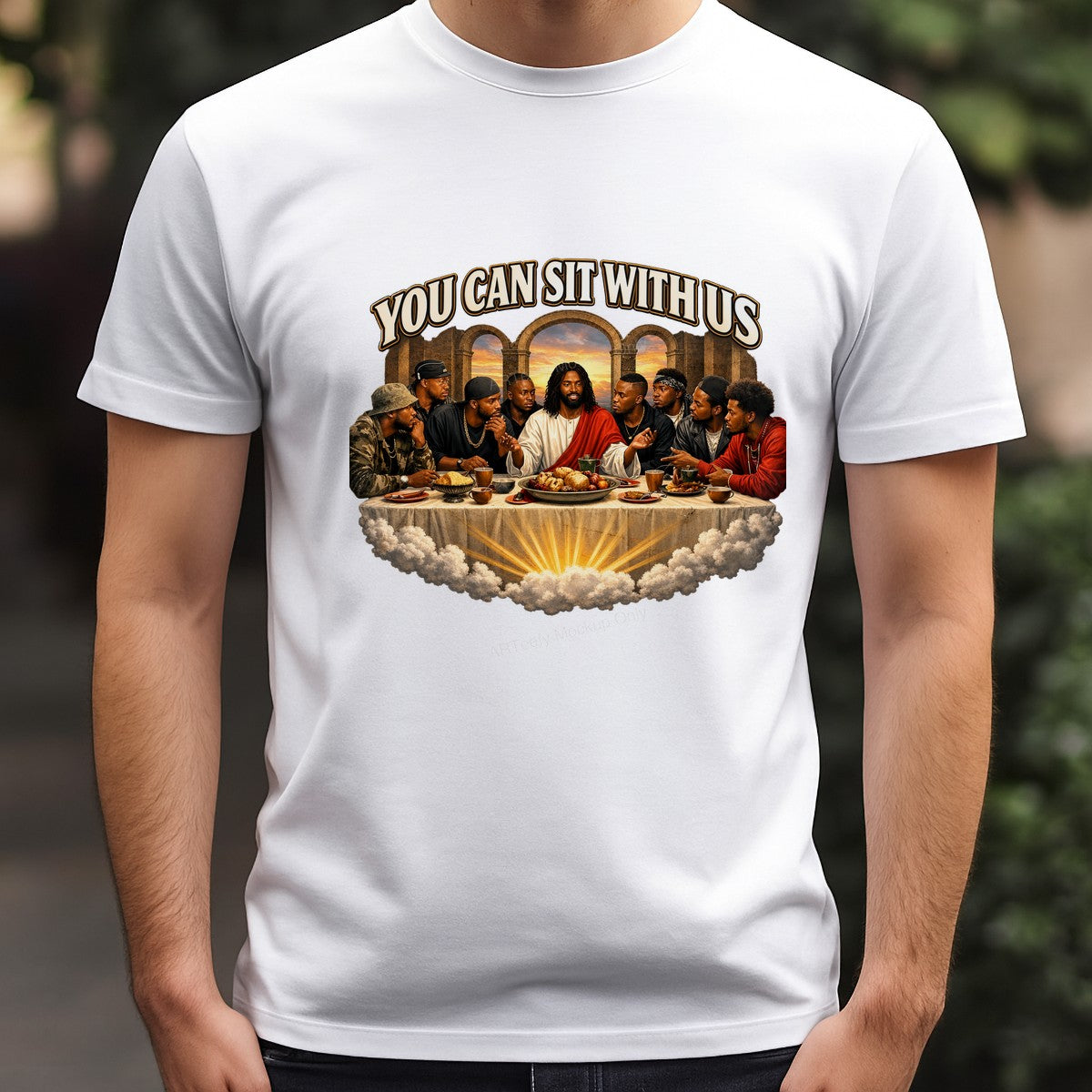Christian Heat Transfer “You Can Sit With Us” Modern Last Supper Graphic for T Shirts Hoodies and Christian Apparel - 3