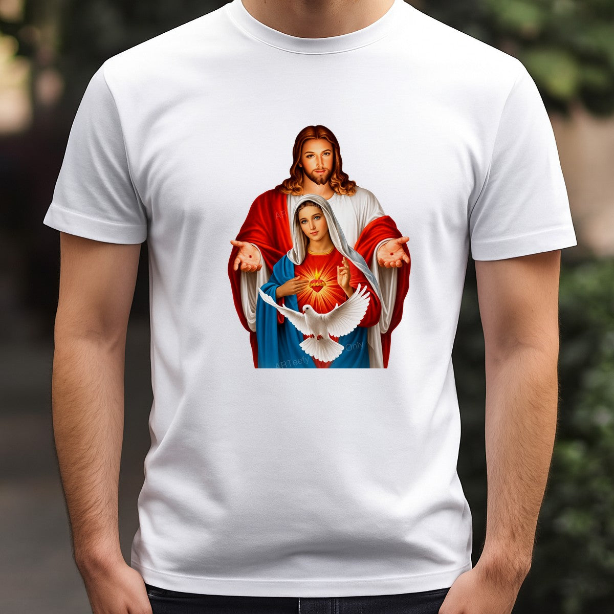 Christian Heat Transfer Sacred Hearts with White Dove Religious Artwork for T Shirts Hoodies and Tote Bags - 3