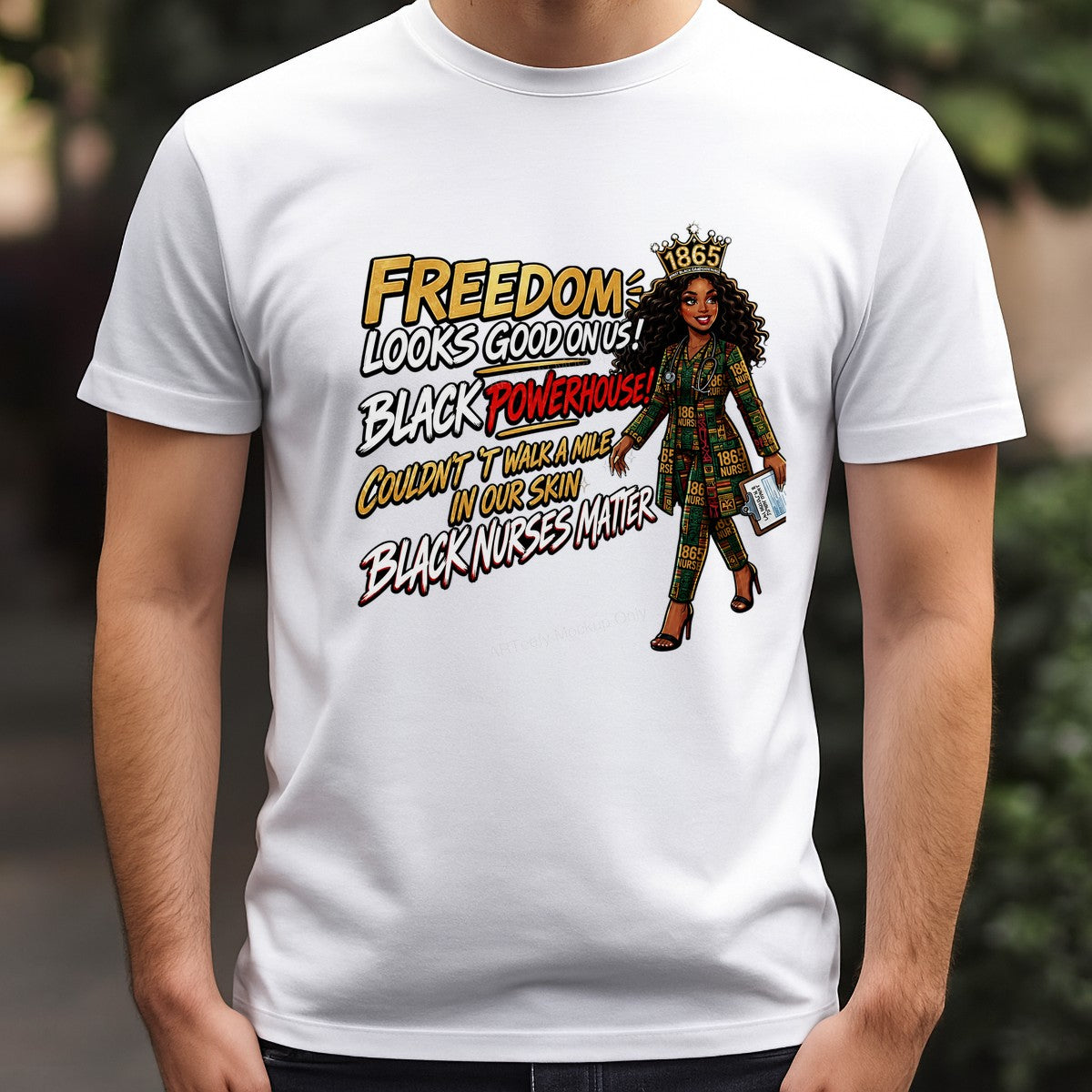 DTF Heat Transfer Freedom Looks Good On Us Black Nurse Powerhouse Graphic for T Shirts Hoodies and Tote Bags - 3