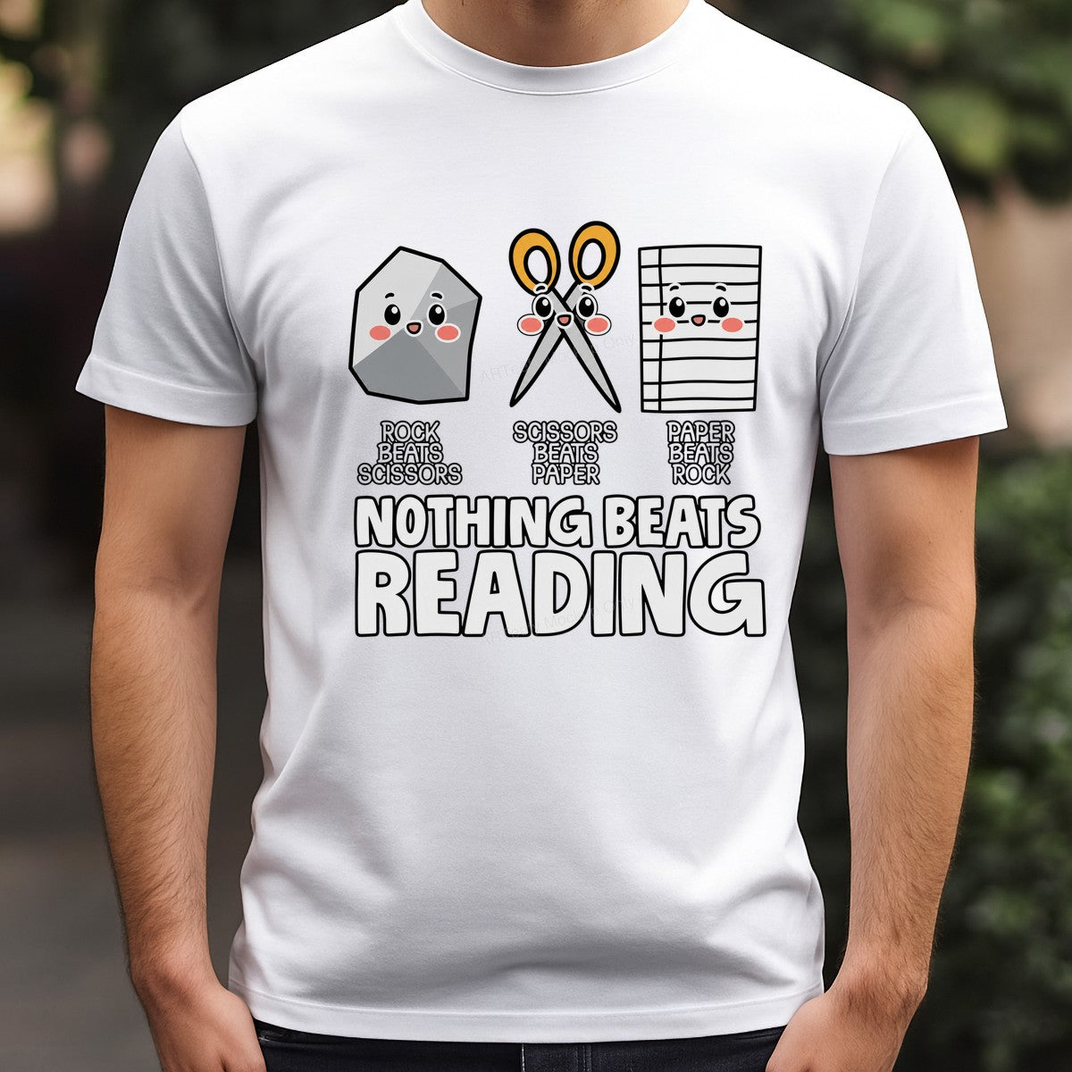 Funny Graphic Transfer Nothing Beats Reading Rock Paper Scissors Cartoon Design for Teacher Shirts and Book Lover Apparel - 3