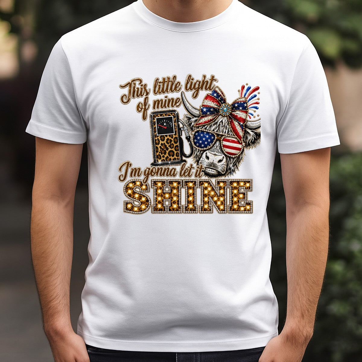 DTF Heat Transfer This Little Light of Mine Patriotic Cow and Leopard Gas Pump Glitter Graphic for T Shirts Hoodies and Holiday Shirts - 3