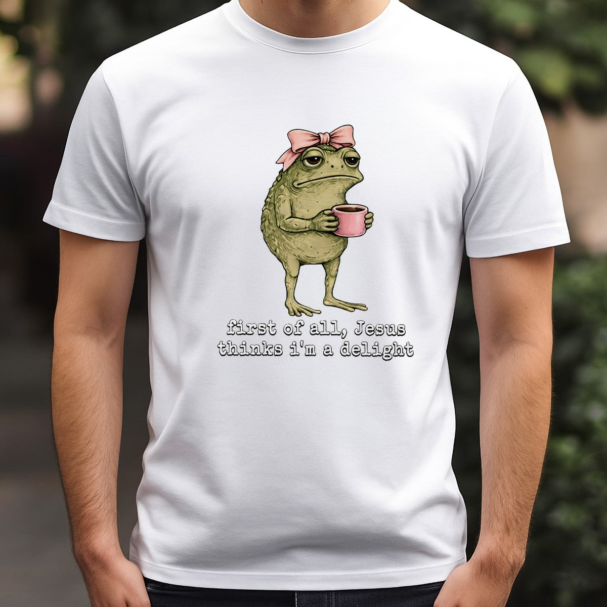 Funny Graphic Transfer Grumpy Frog with Coffee “First of All Jesus Thinks I’m a Delight” Cartoon Design for T Shirts Hoodies and Gifts - 3