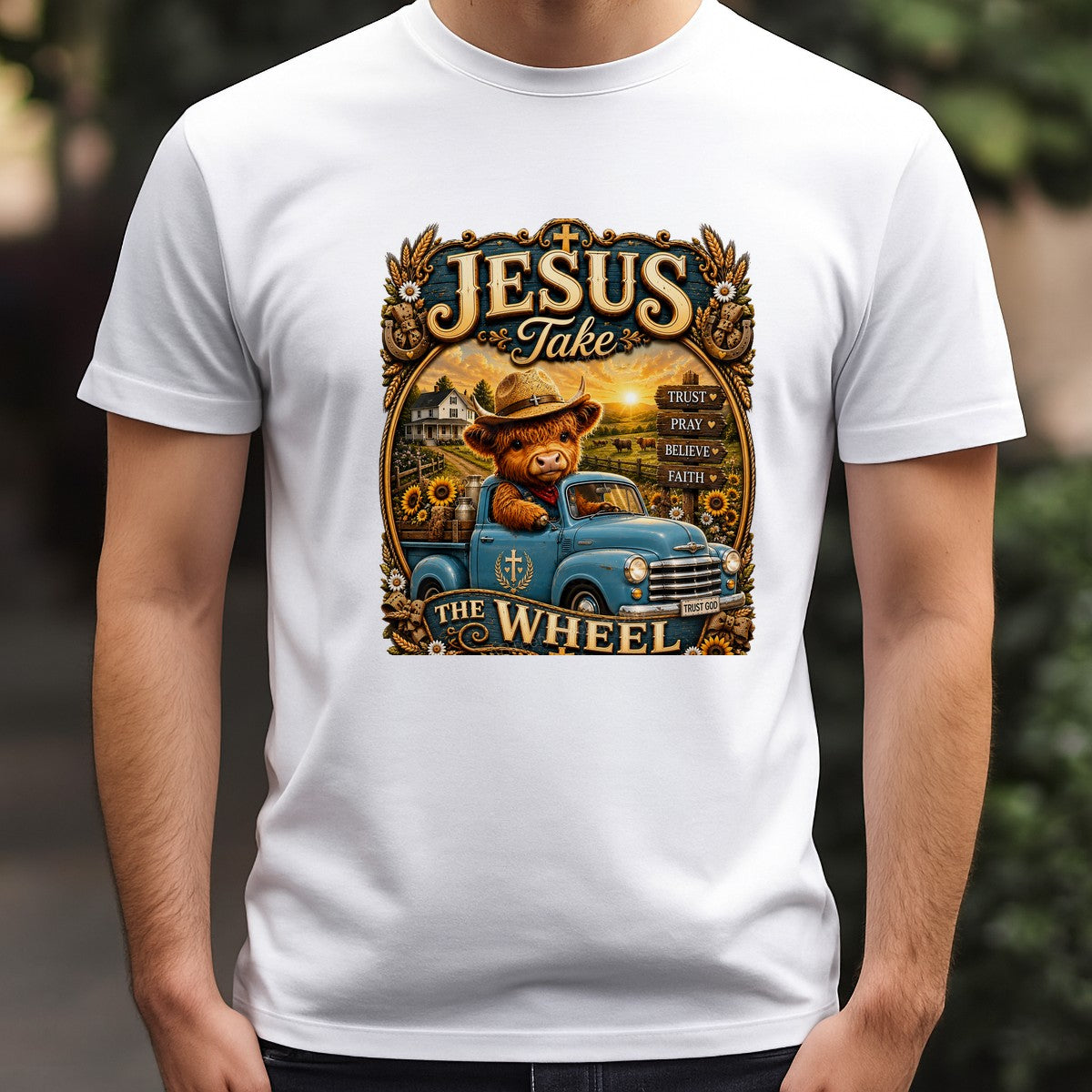 Christian Heat Transfer “Jesus Take The Wheel” Cowboy Highland Cow Truck Graphic for T Shirts Hoodies and Christian Apparel - 3