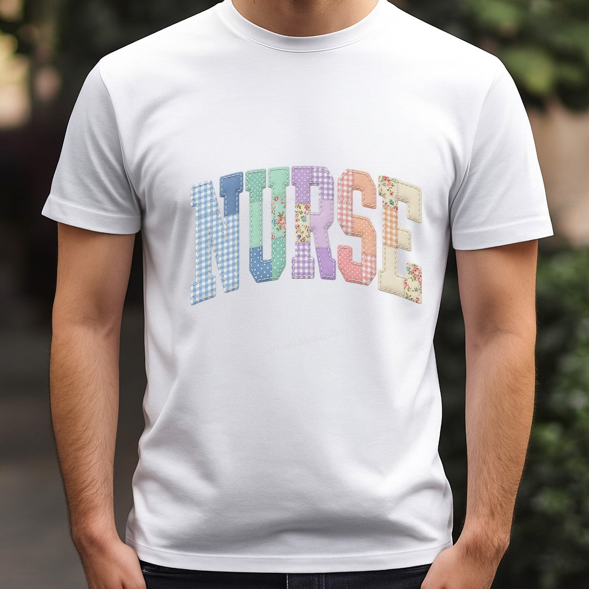 DTF Heat Transfer Patchwork NURSE Quilted Gingham Floral Letters Graphic for T Shirts Hoodies and Tote Bags - 3