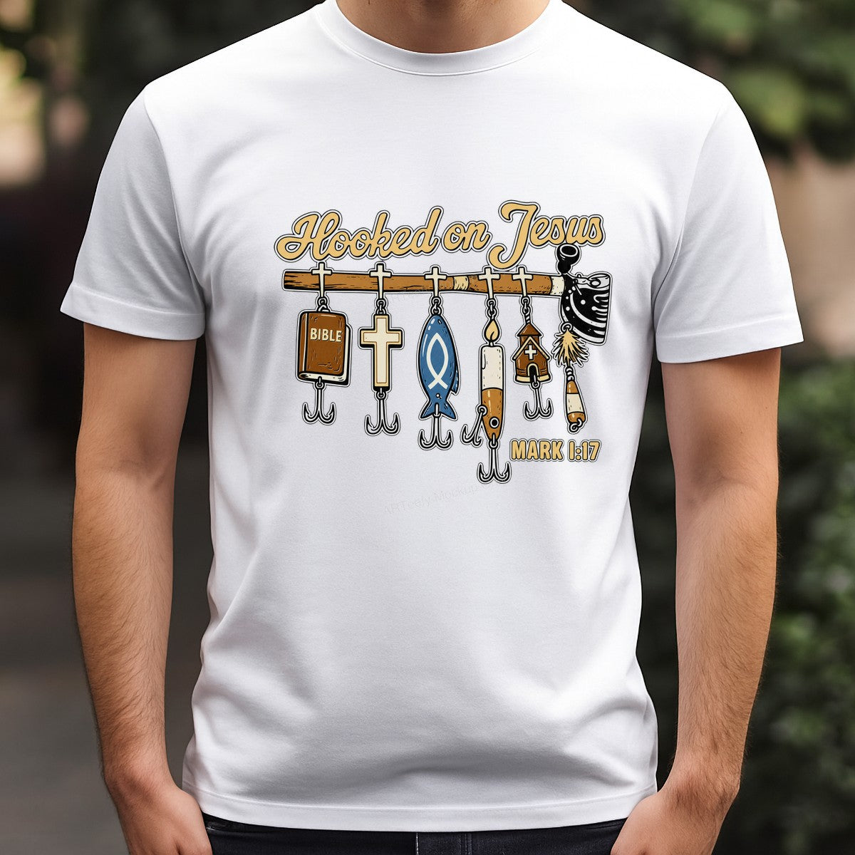 Christian Heat Transfer Hooked on Jesus Fishing Rod Bible Verse Graphic for T Shirts Hoodies and Christian Apparel - 3