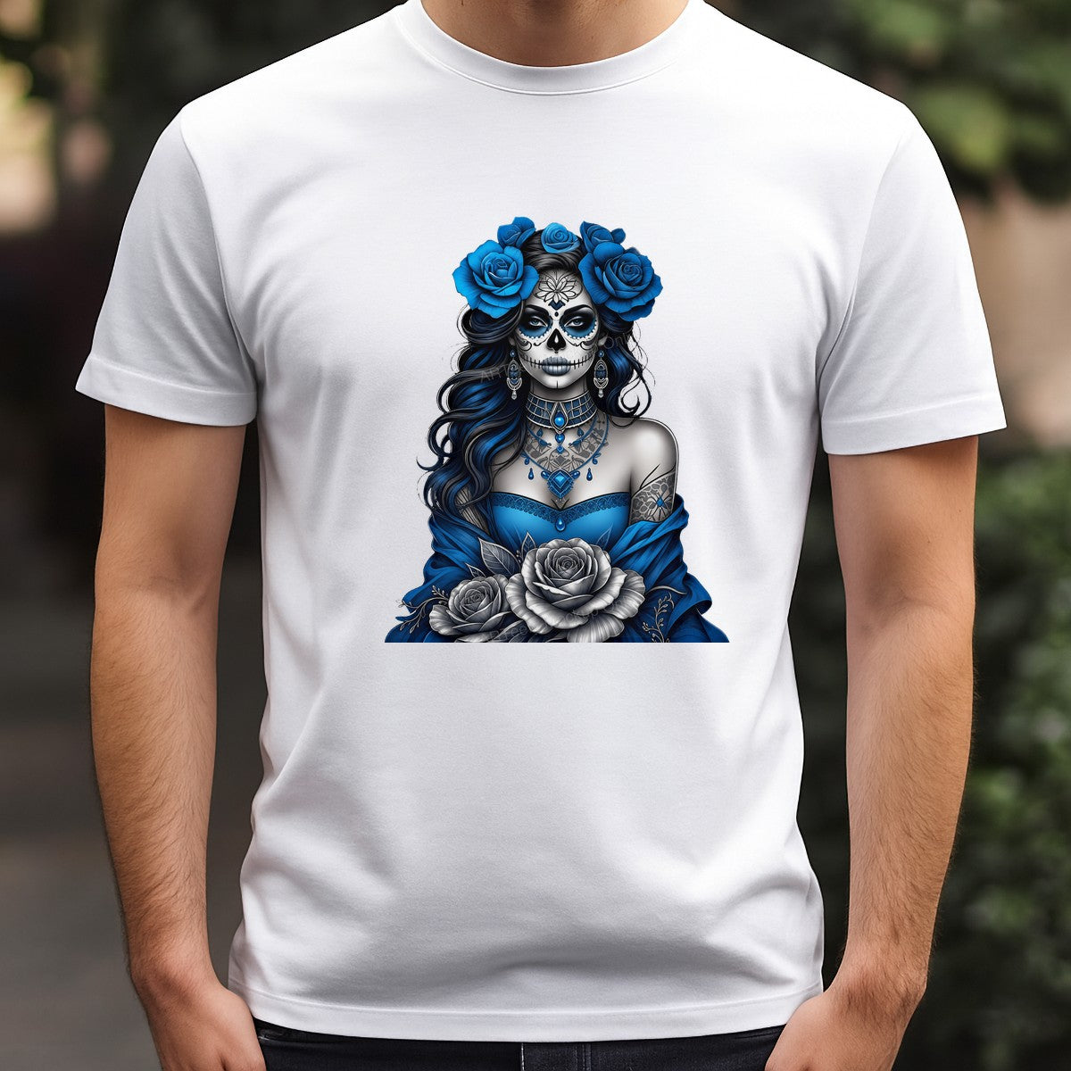 DTF Heat Transfer Gothic Blue Rose Bride Tattooed Woman Art Graphic for T Shirts Hoodies and Tote Bags - 3