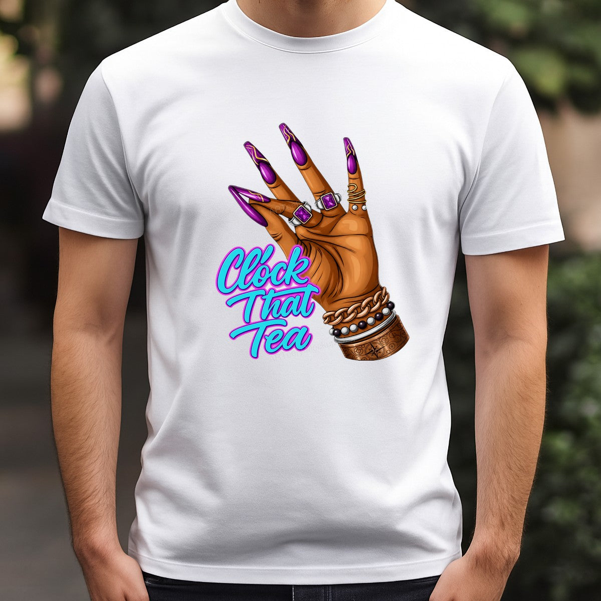 Funny Graphic Transfer “Clock That Tea” Hand with Long Purple Nails Design for T Shirts Hoodies and Tote Bags - 3