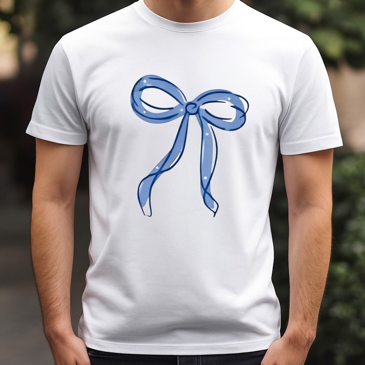DTF Heat Transfer Pastel Blue Ribbon Bow Watercolor Graphic for T Shirts Hoodies and Tote Bags - 3