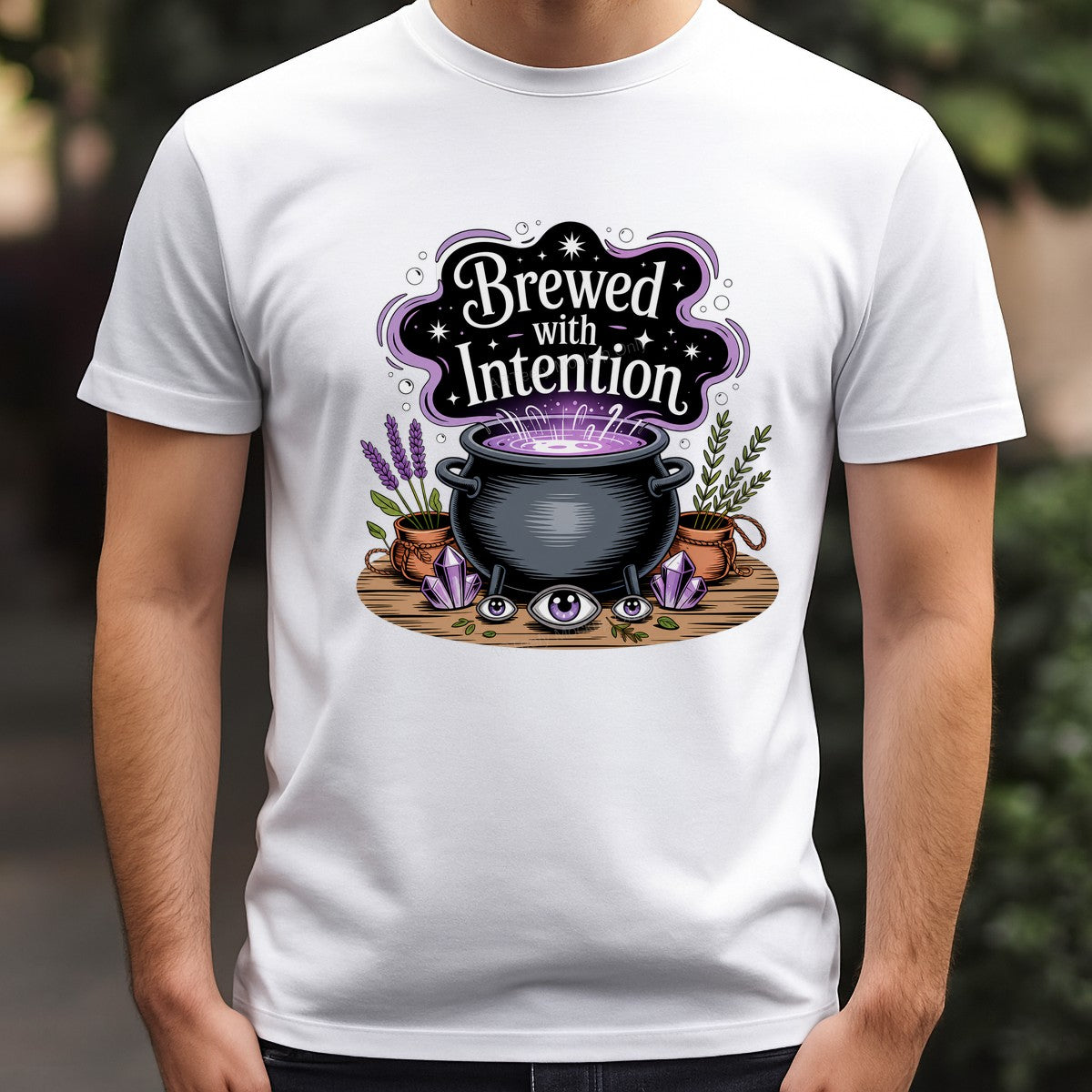 DTF Heat Transfer Brewed With Intention Witchy Cauldron and Crystals Graphic for T Shirts Hoodies and Tote Bags - 3