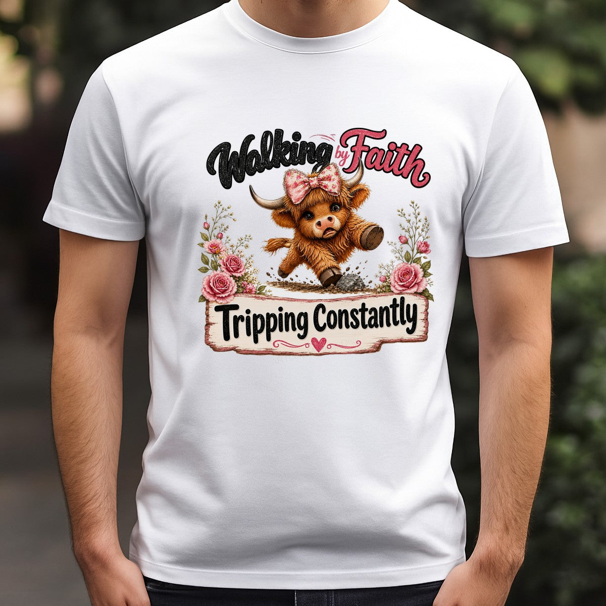 Christian Heat Transfer Walking By Faith Tripping Constantly Floral Cow Graphic for T Shirts Hoodies and Tote Bags - 3