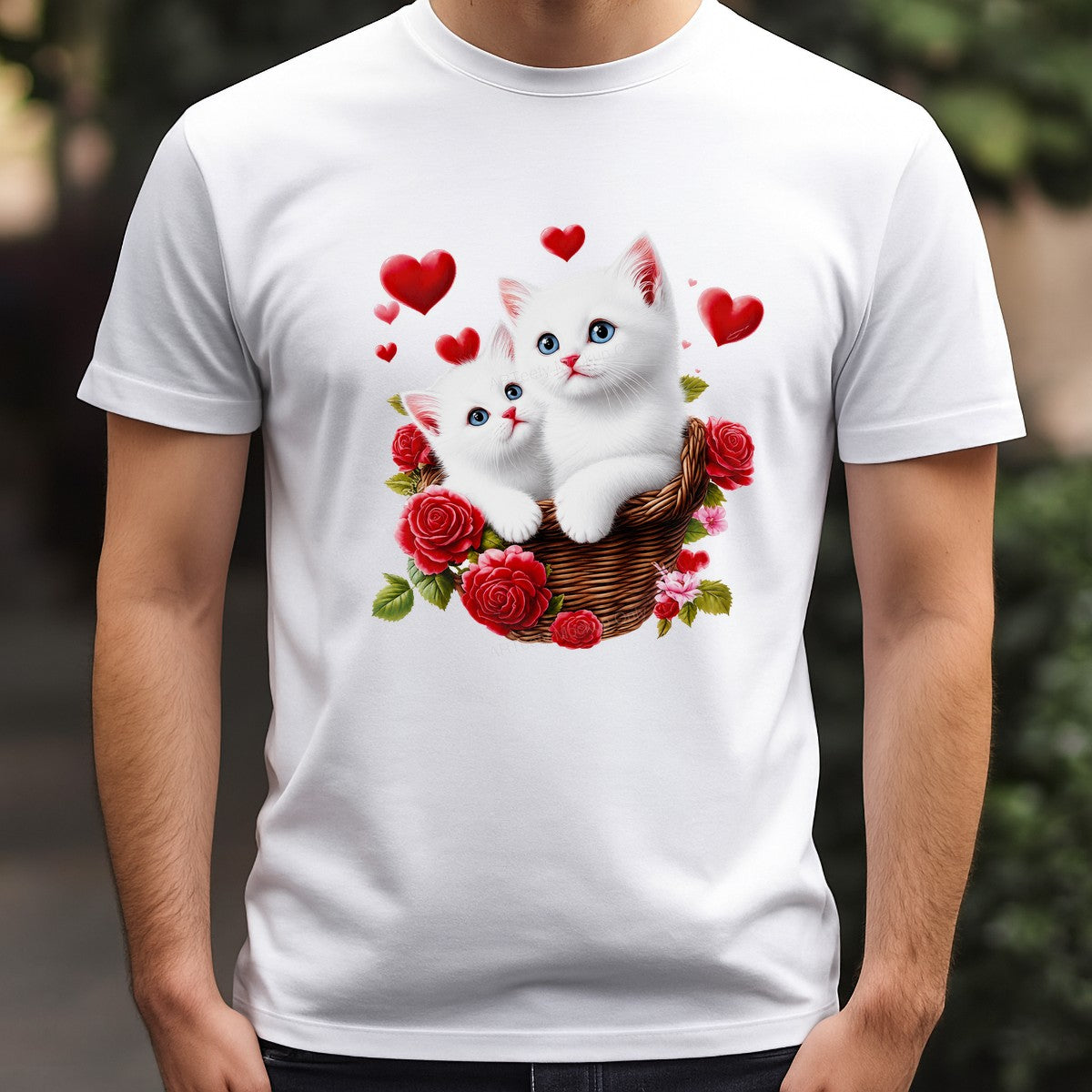 DTF Heat Transfer White Kittens in Basket with Red Roses and Hearts Graphic for T Shirts Hoodies and Gifts - 3