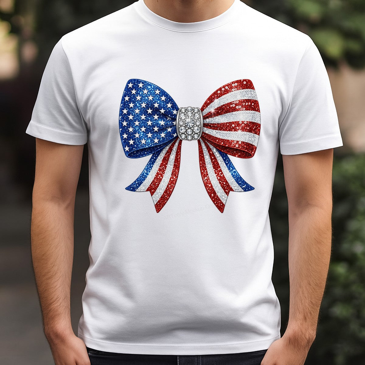 DTF Heat Transfer Patriotic Glitter American Flag Bow with Rhinestones Graphic for T Shirts Hoodies and Tote Bags - 3