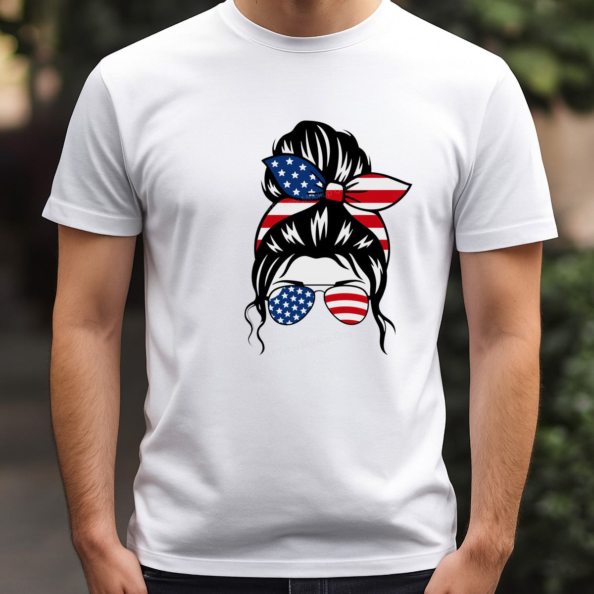 DTF Heat Transfer Patriotic Messy Bun American Flag Bandana and Sunglasses Graphic for T Shirts Hoodies and Tote Bags - 3