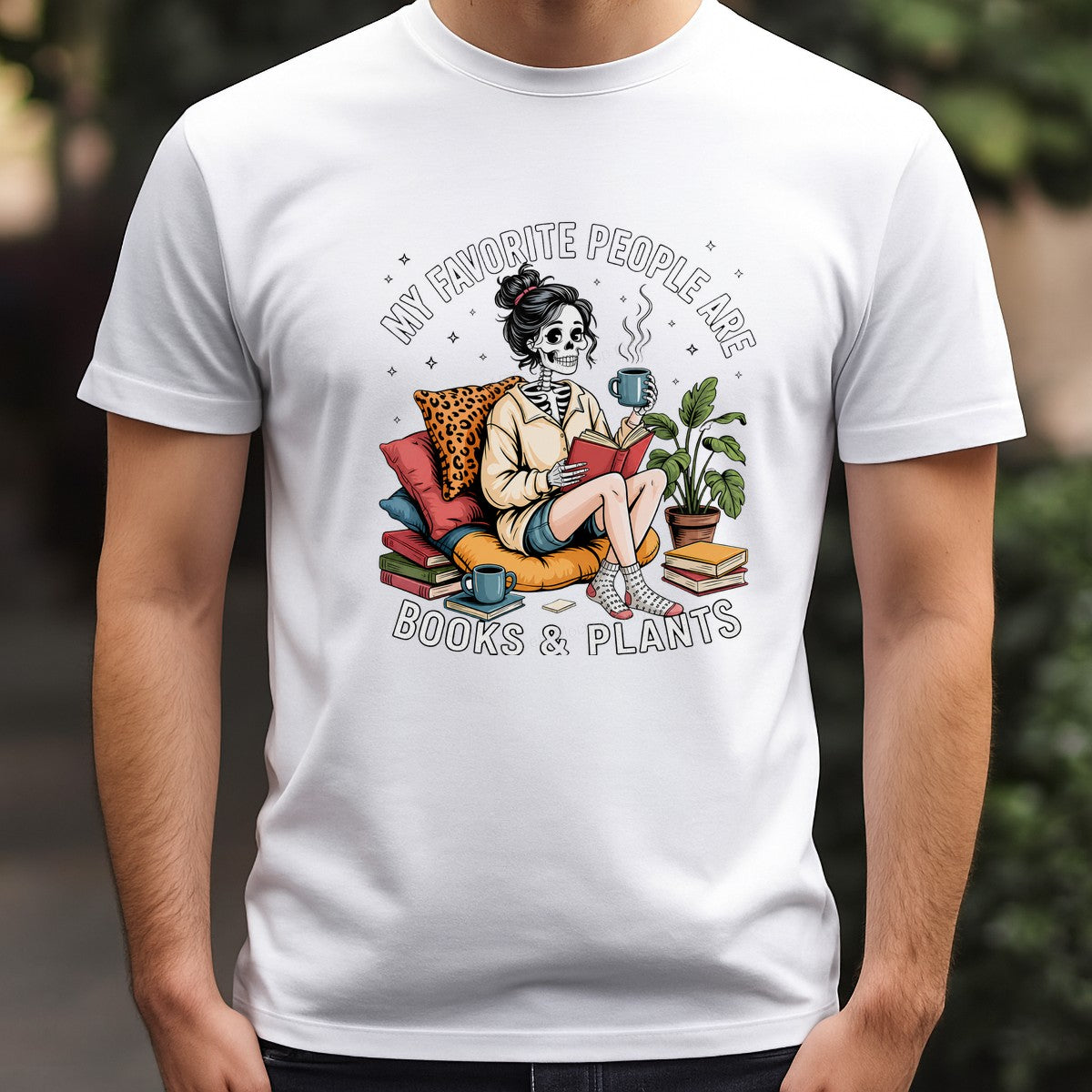 Funny Graphic Transfer My Favorite People Are Books & Plants Skeleton Girl Reading Art for T Shirts Hoodies and Tote Bags - 3