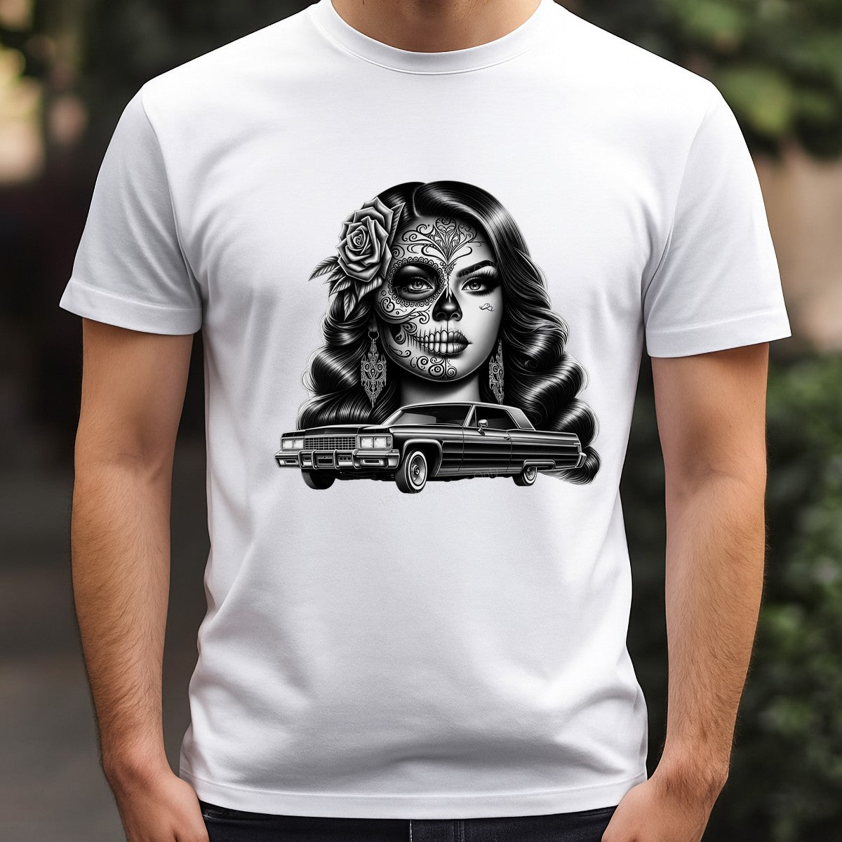 DTF Heat Transfer Lowrider Car with Latina Pinup Rose Art Black and White Graphic for T Shirts Hoodies and Streetwear Apparel - 3