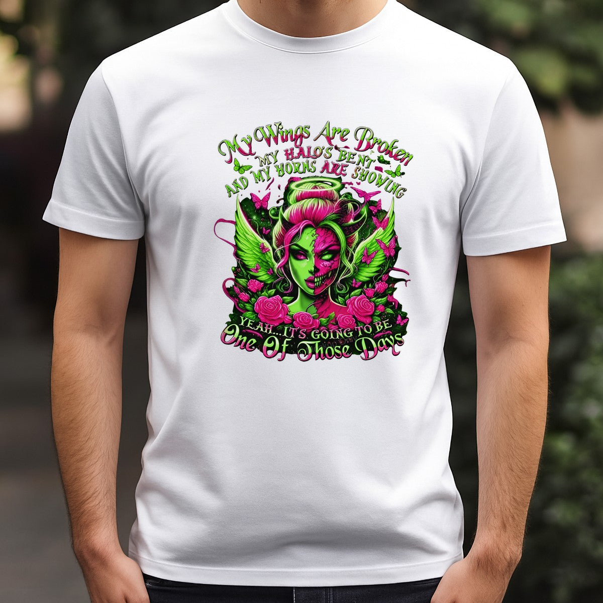 DTF Transfer My Wings Are Broken Quote Neon Angel Horns and Halo Graphic for T Shirts Hoodies and Casual Wear - 3