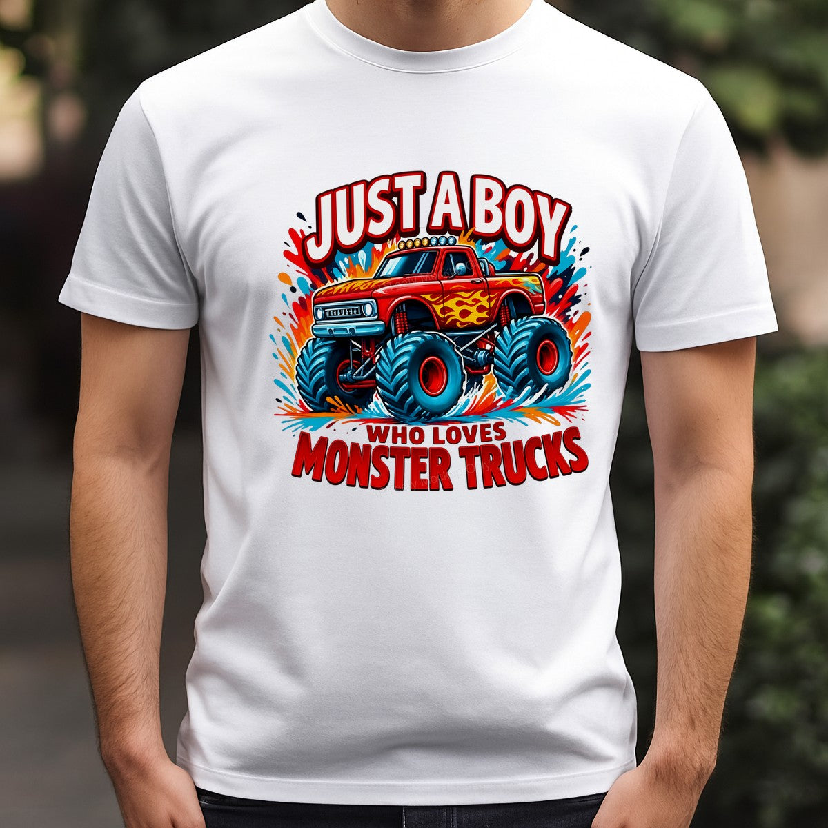 DTF Transfer Just a Boy Who Loves Monster Trucks Flame Red Truck Graphic for T Shirts Hoodies and Gifts - 3