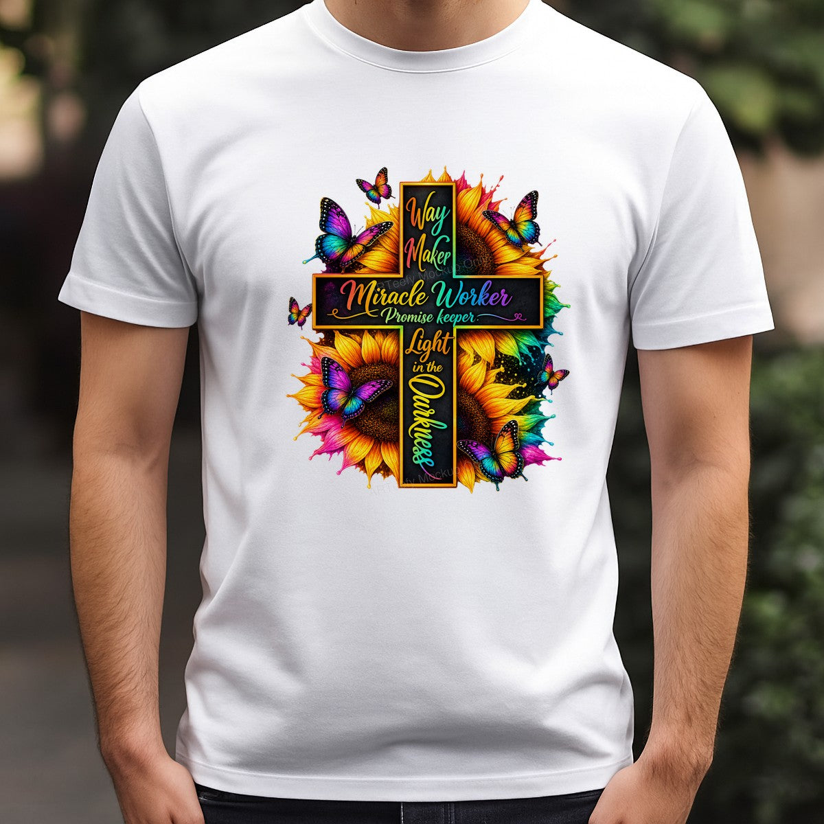 Christian Heat Transfer Way Maker Miracle Worker Quote Cross with Sunflowers and Butterflies for Christian Apparel and Gifts - 3