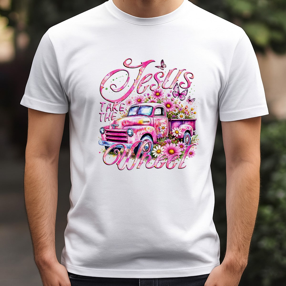 Christian Heat Transfer Jesus Take The Wheel Pink Vintage Truck with Flowers Graphic for T Shirts Hoodies and Tote Bags - 3