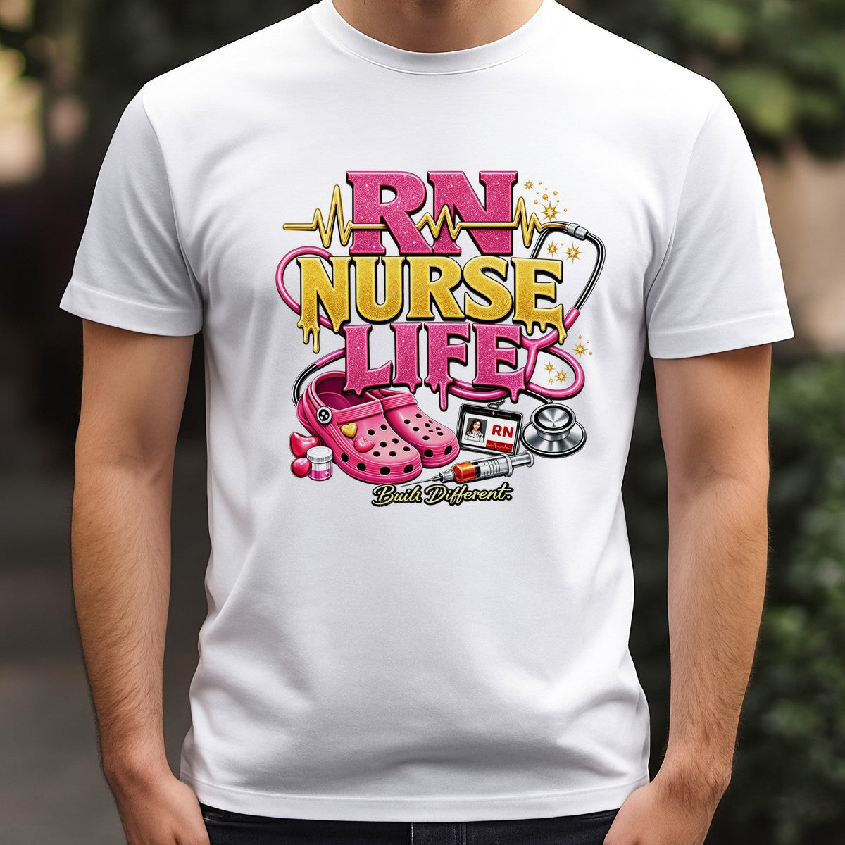 DTF Transfer RN Nurse Life Built Different Glitter Clogs and Stethoscope Graphic for T Shirts Hoodies and Gifts - 3