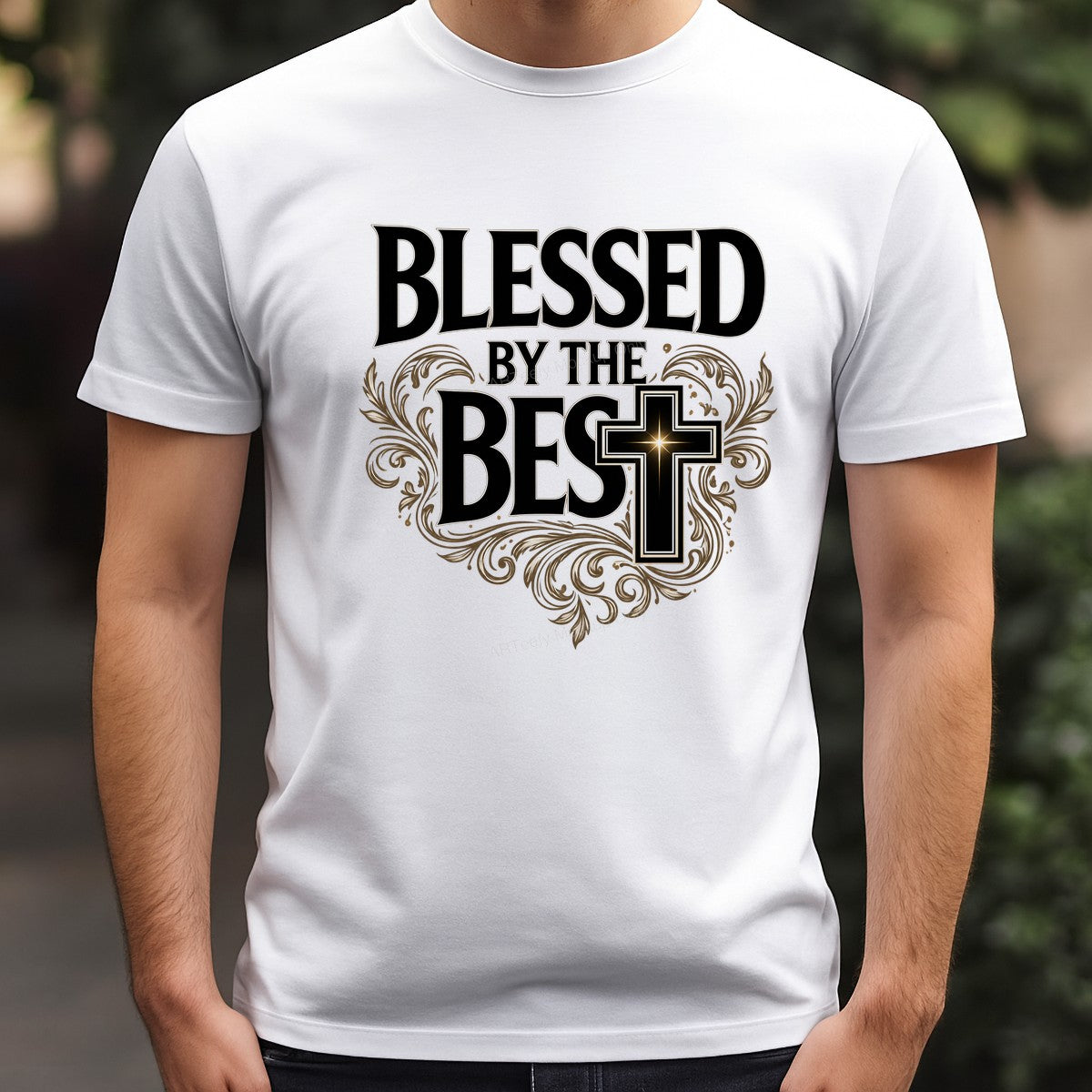 Christian Heat Transfer Blessed By The Best Cross with Gold Flourish Graphic for T Shirts Hoodies and Tote Bags - 3
