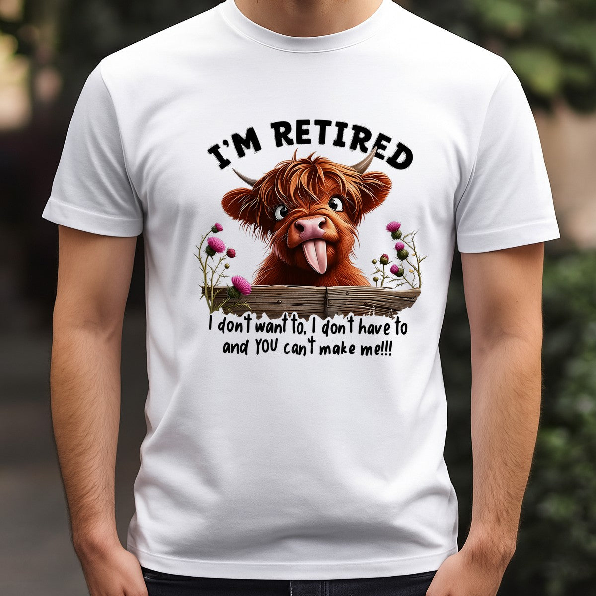 Funny Graphic Transfer I’m Retired Highland Cow Tongue Out Floral Fence Design for T Shirts Hoodies and Gifts - 3