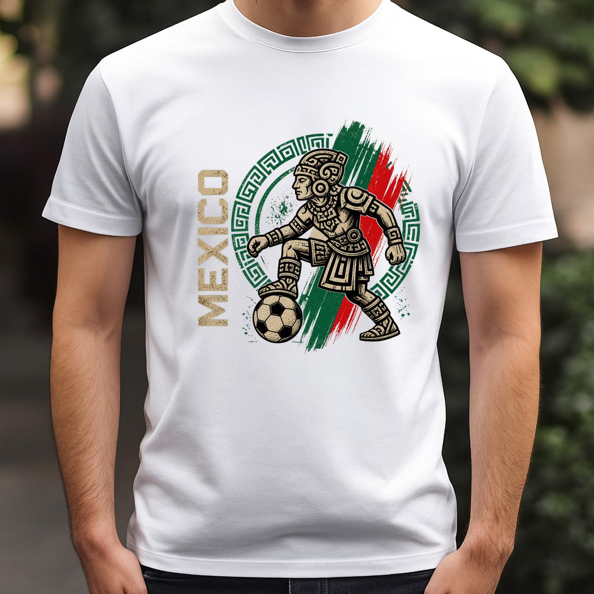 DTF Transfer Mexico Aztec Soccer Warrior Graphic with Green Red Brush Flag for T Shirts Hoodies and Game Day Apparel - 3