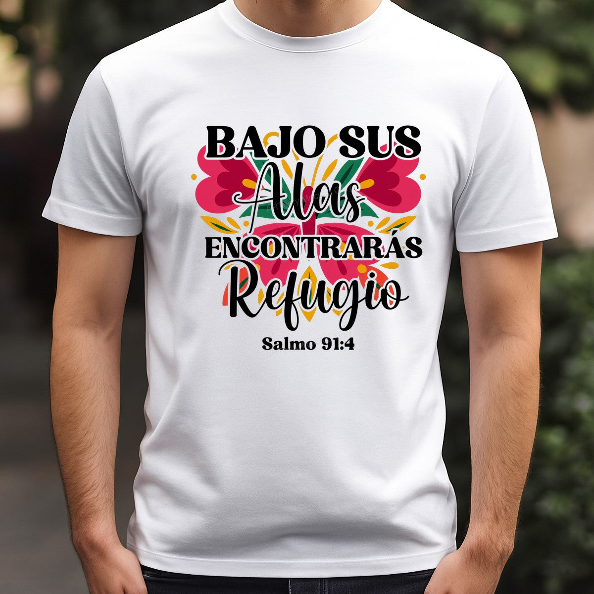 Christian Heat Transfer Bajo Sus Alas Encontrarás Refugio Salmo 91:4 Floral Spanish Scripture Design for Christian Apparel and Gifts - 3