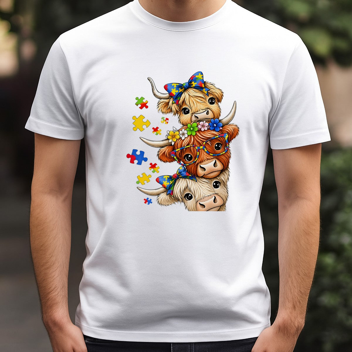DTF Transfer Cute Highland Cows with Puzzle Piece Bows and Glasses Graphic for T Shirts Hoodies and Tote Bags - 3