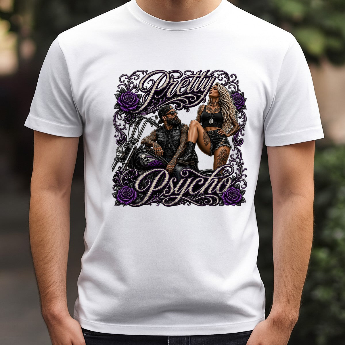 DTF Transfer Pretty Psycho Biker Couple with Purple Rose Tattoo Art for T Shirts Hoodies and Biker Apparel - 3