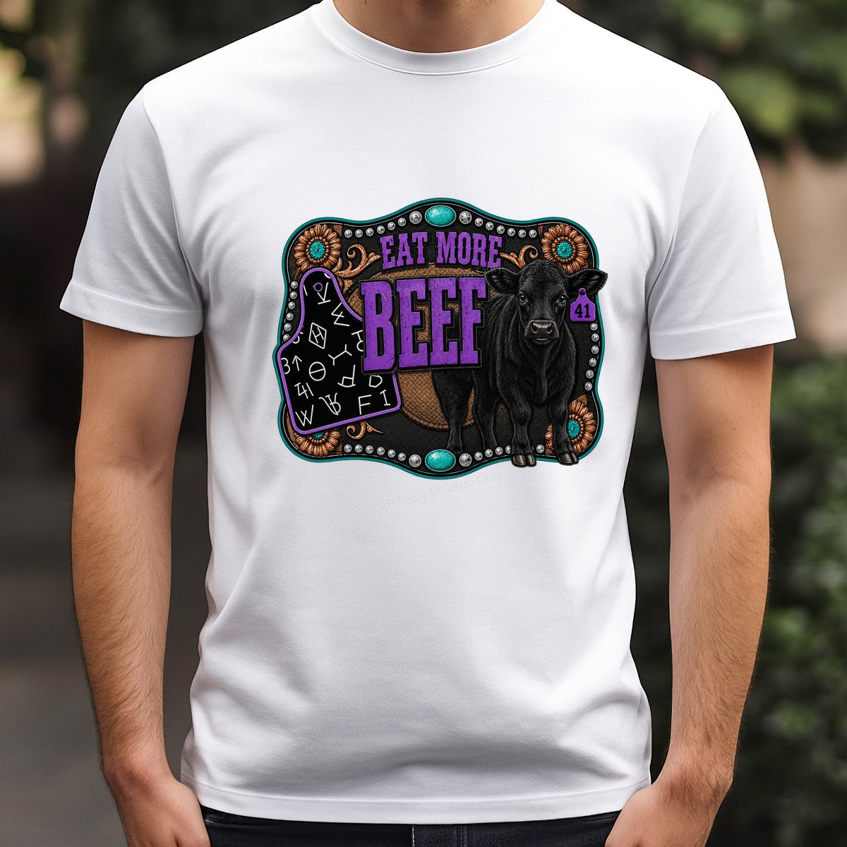 Western Heat Transfer Eat More Beef Cow Graphic with Turquoise Concho Detail for T Shirts Hoodies and Farm Ranch Apparel - 3