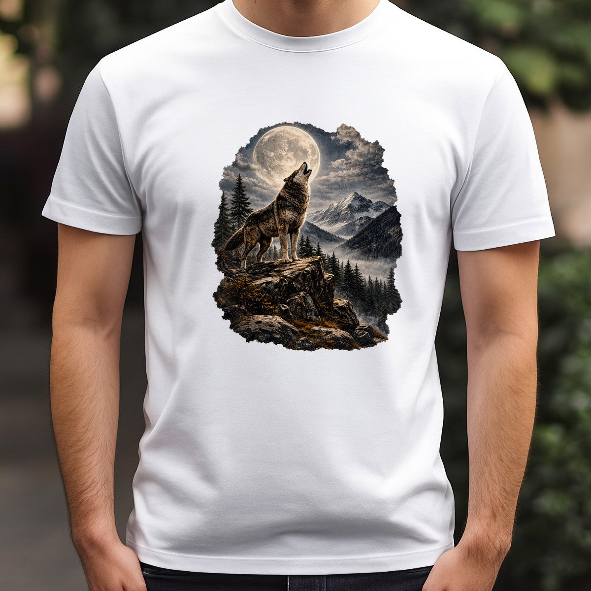 DTF Heat Transfer Howling Wolf Under Full Moon Mountain Landscape Graphic for T Shirts Hoodies and Tote Bags - 3