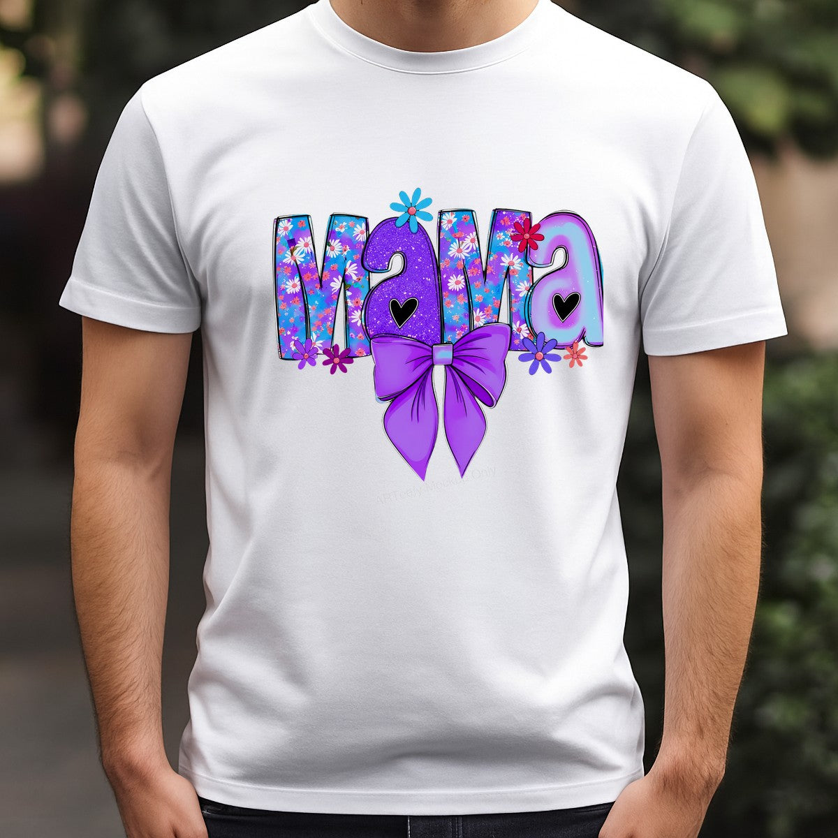 DTF Heat Transfer Mama Floral Glitter Letters with Purple Bow Graphic for T Shirts Hoodies and Tote Bags - 3