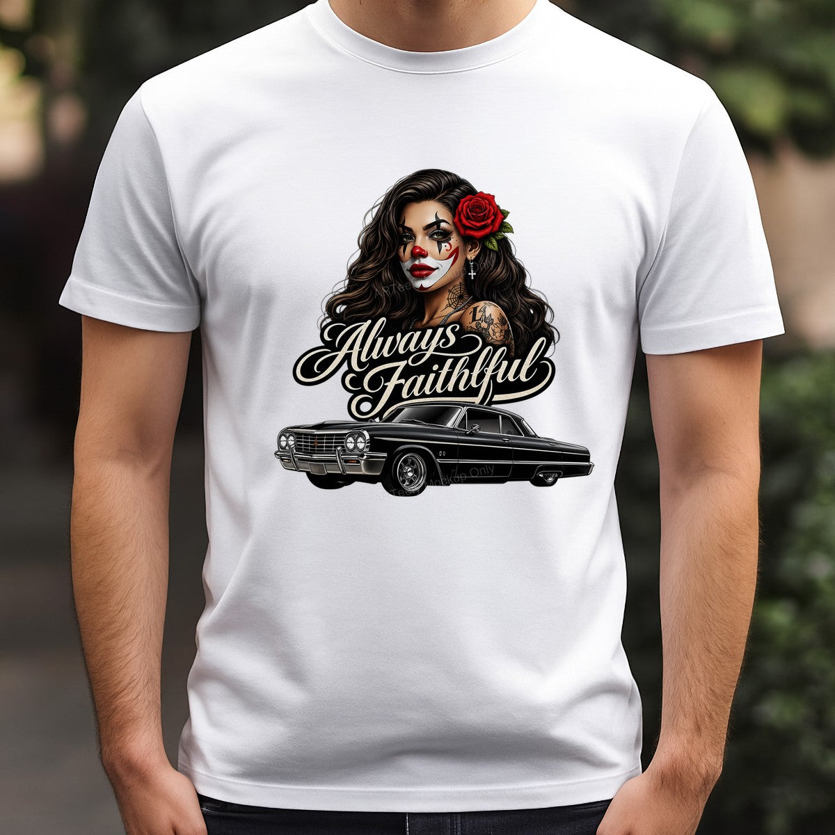 DTF Heat Transfer Always Faithful Chicana Rose and Lowrider Car Graphic for T Shirts Hoodies and Streetwear Apparel - 3