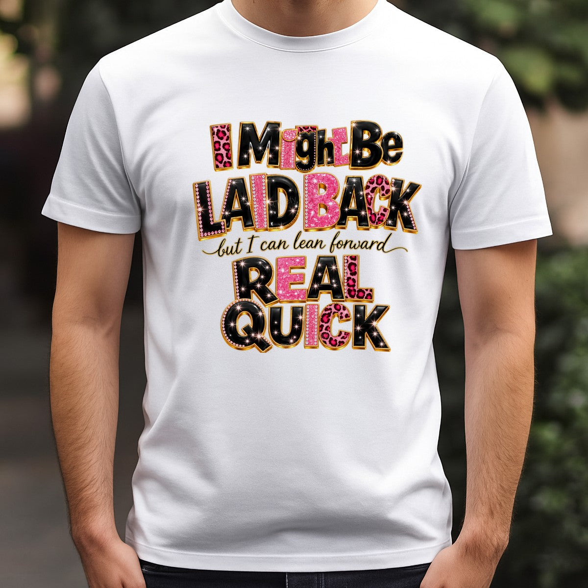DTF Transfer I Might Be Laid Back Real Quick Quote Pink Leopard Rhinestone Graphic for T Shirts Hoodies and Casual Wear - 3
