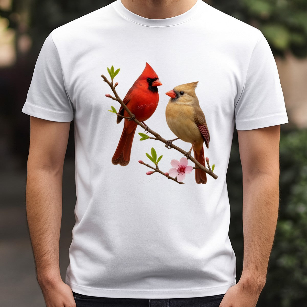 DTF Heat Transfer Red and Yellow Cardinals on Blossom Branch Realistic Bird Art for T Shirts Hoodies and Tote Bags - 3