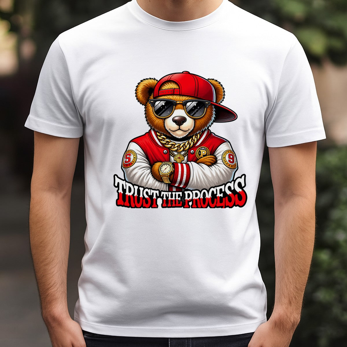 DTF Transfer Trust The Process Cool Bear in Varsity Jacket Graphic for T Shirts Hoodies and Streetwear Apparel - 3