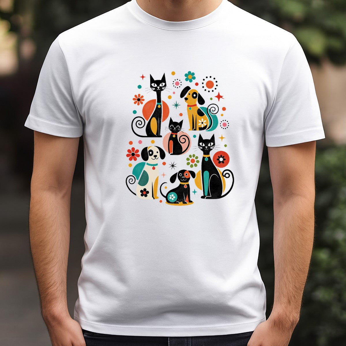 DTF Heat Transfer Retro Cats and Dogs Graphic with Colorful Geometric Flowers for T Shirts Hoodies and Tote Bags - 3