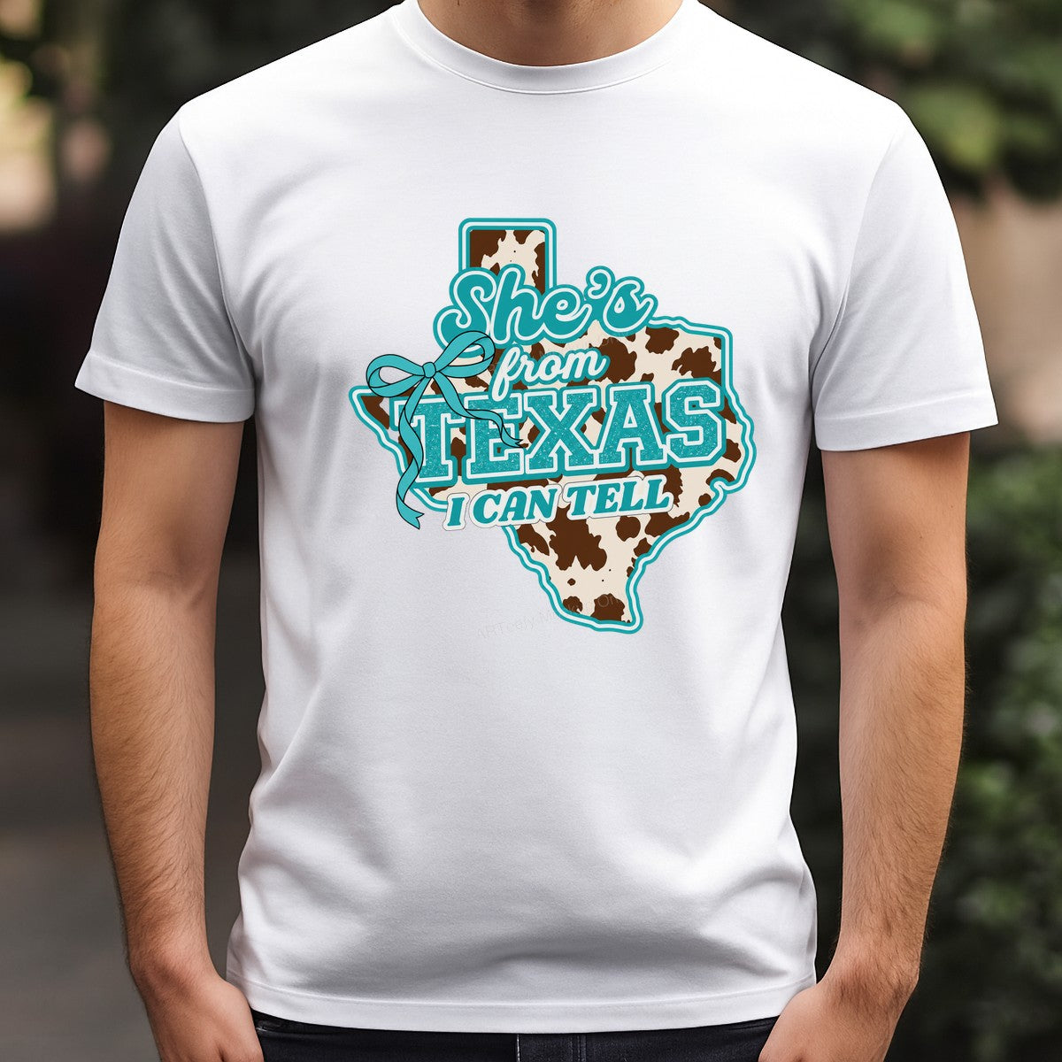 DTF Heat Transfer She’s From Texas Quote Cow Print State Outline with Bow Graphic for T Shirts Hoodies and Tote Bags - 3