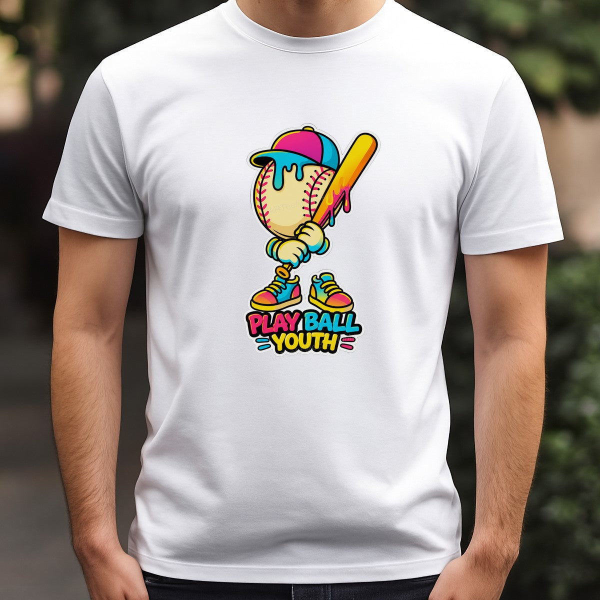 DTF Heat Transfer Play Ball Youth Baseball Character Neon Cartoon Graphic for T Shirts Hoodies and Team Apparel - 3