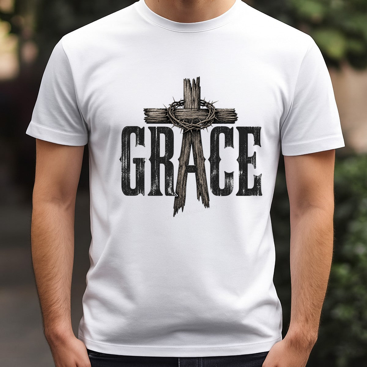 Christian Heat Transfer GRACE Wooden Cross with Crown of Thorns Rustic Graphic for T Shirts Hoodies and Tote Bags - 3