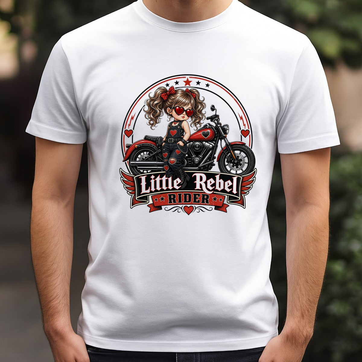 DTF Heat Transfer Little Rebel Rider Biker Girl with Red Hearts Graphic for T Shirts Hoodies and Tote Bags - 3