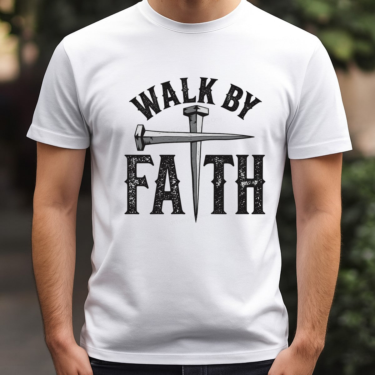 Christian Heat Transfer Walk By Faith Nail Cross Graphic for T Shirts Hoodies and Tote Bags - 3